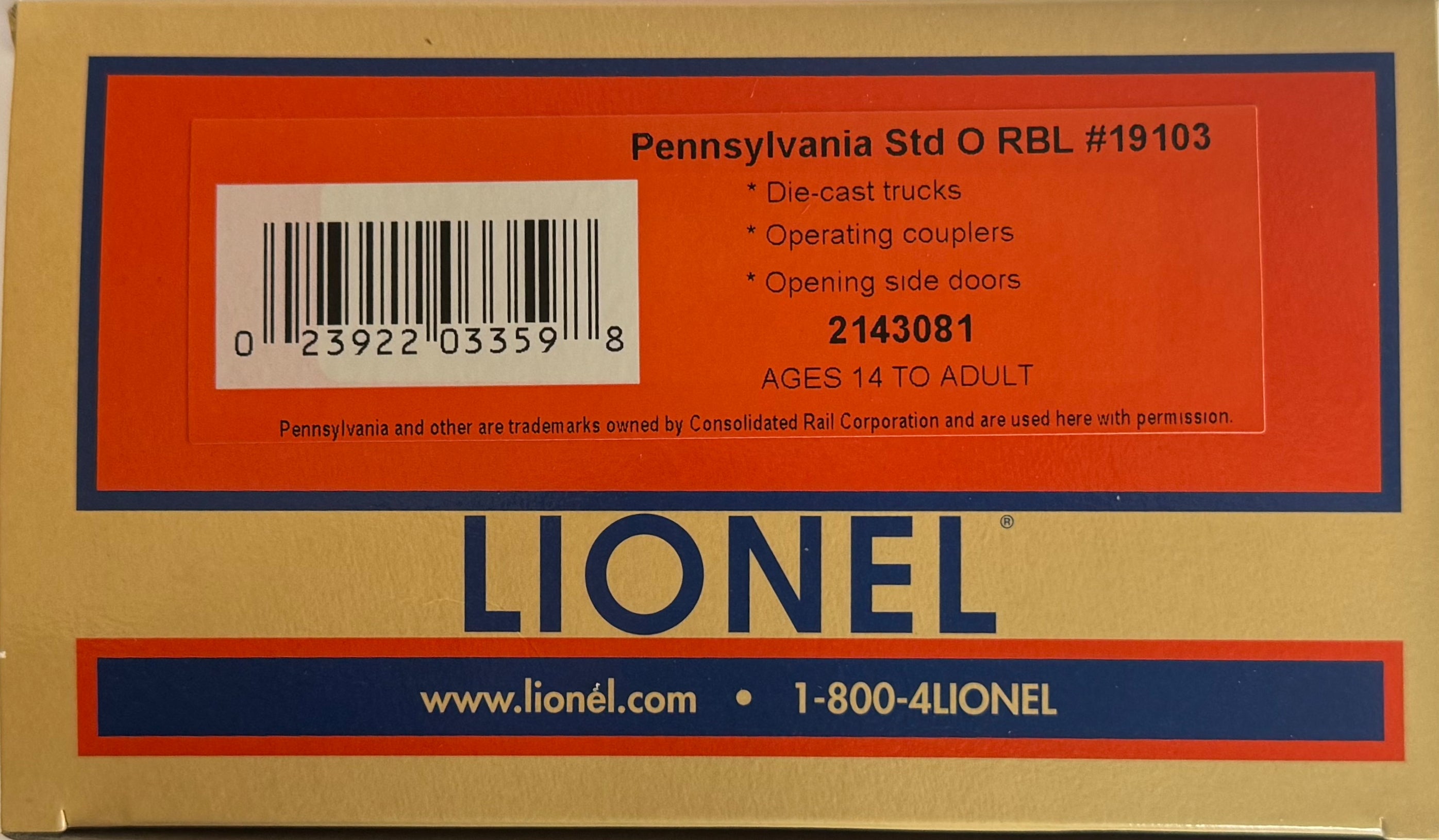 Lionel PRR STD O RBL 19103 Box Car